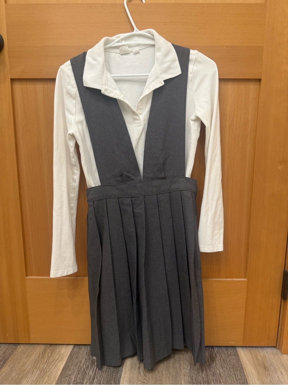 Gray Pleated Suspender Skirt with White Long-Sleeve Polo